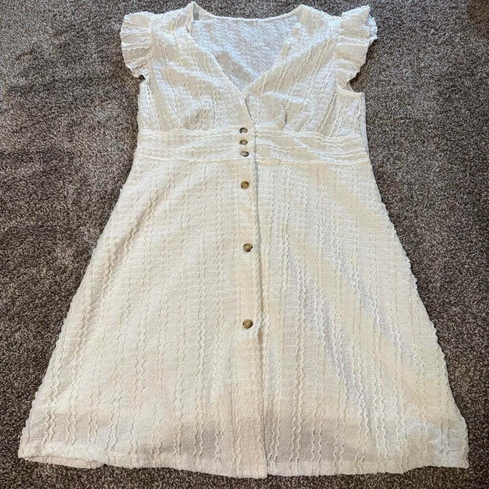 White Textured A-Line Mini Dress, Cottagecore Ruffle Sleeve Button Front - Size
